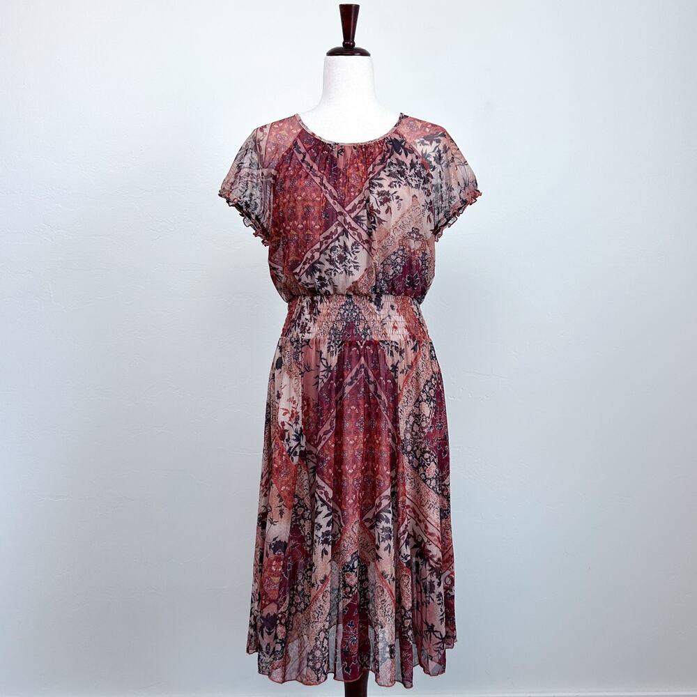 Kate And Lily Mesh Autumn Floral Patchwork Bohemian Smocked Midi Dress SIZE 12